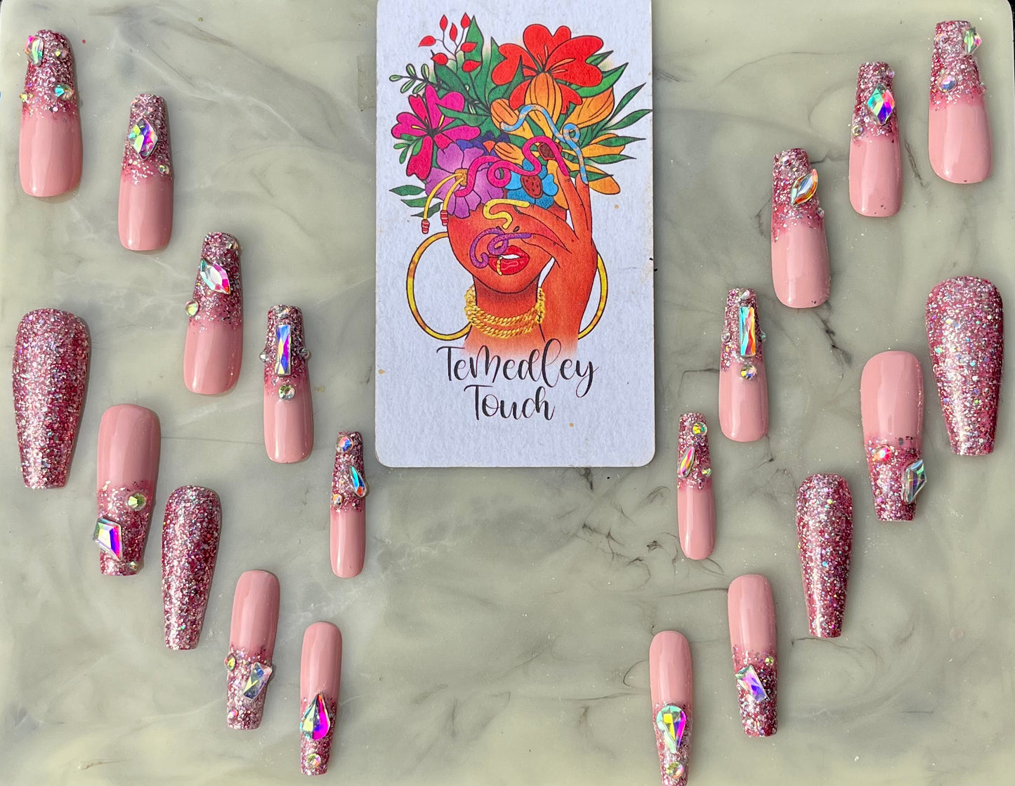 Pink glitter bling press on nails