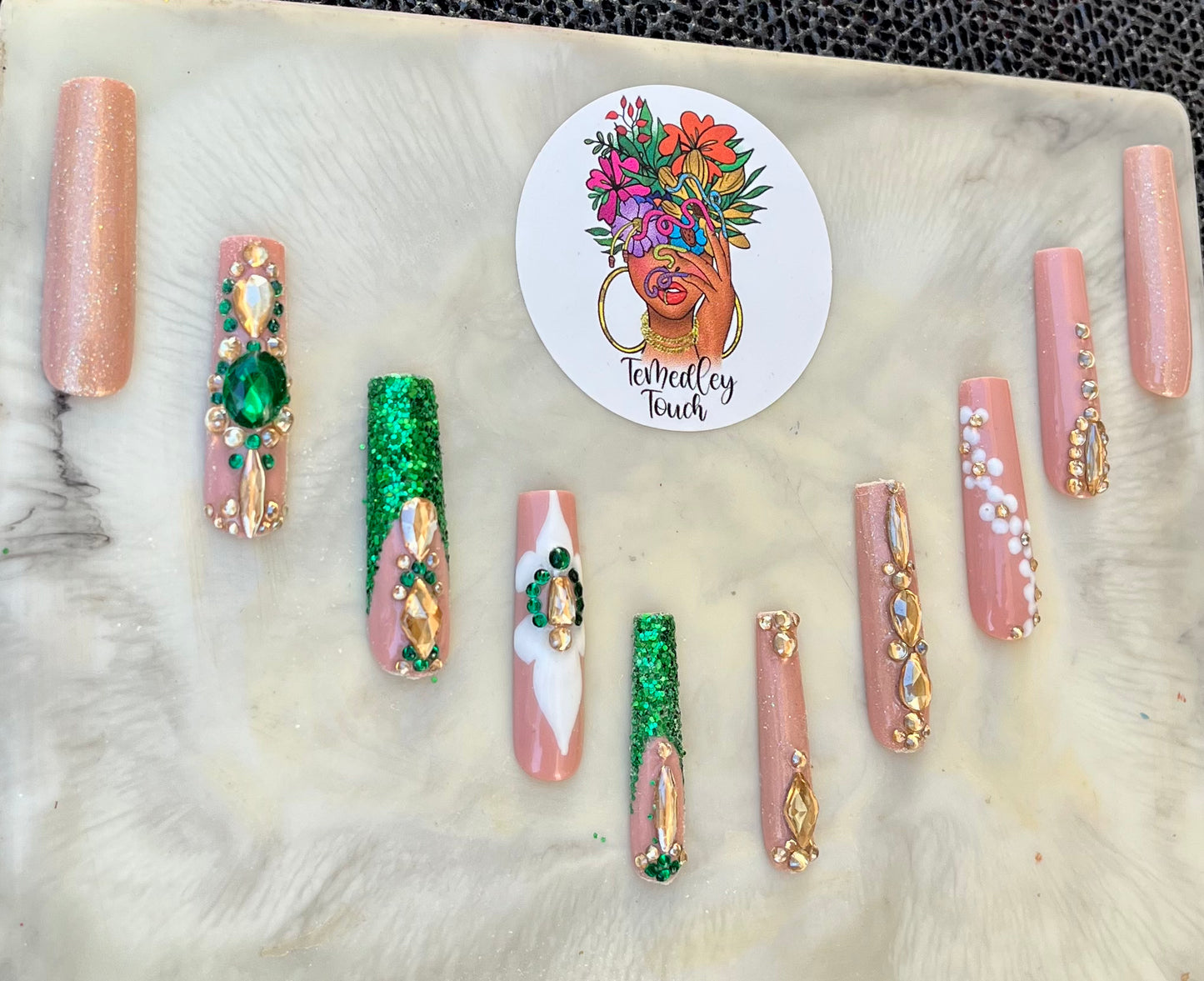 Gold & Green bling press on nails