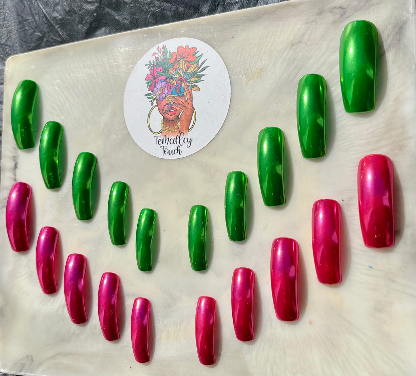 Green&Pink chrome press on nails
