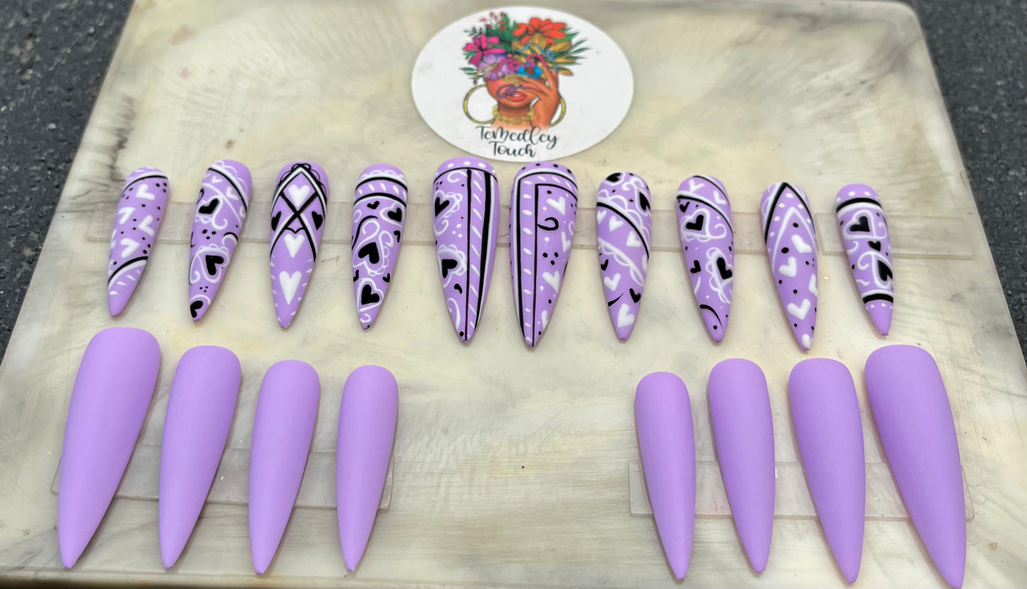 Lavender heart bandana nails