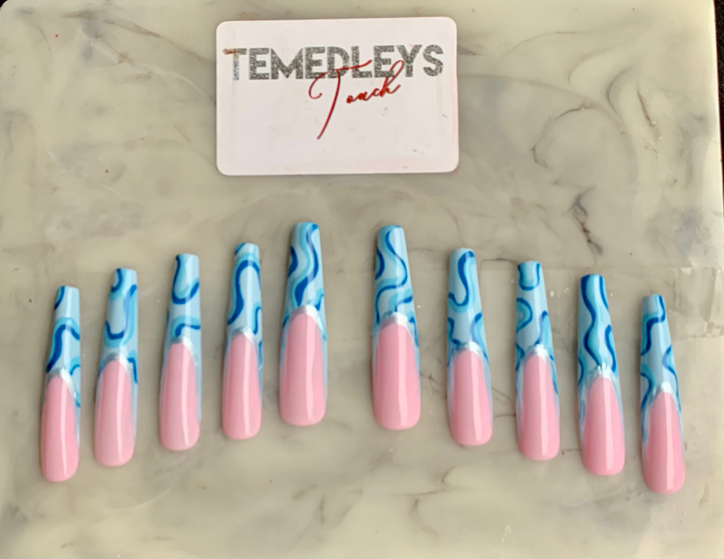 Blue wavy French tip press on nails