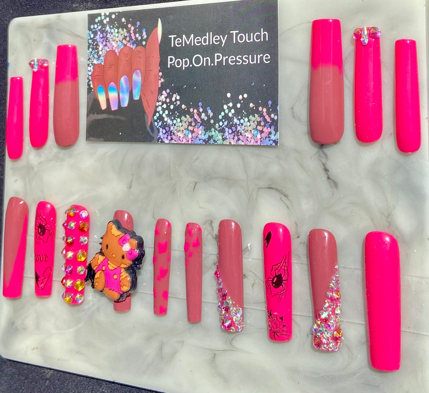 kitty spider pink press on nails