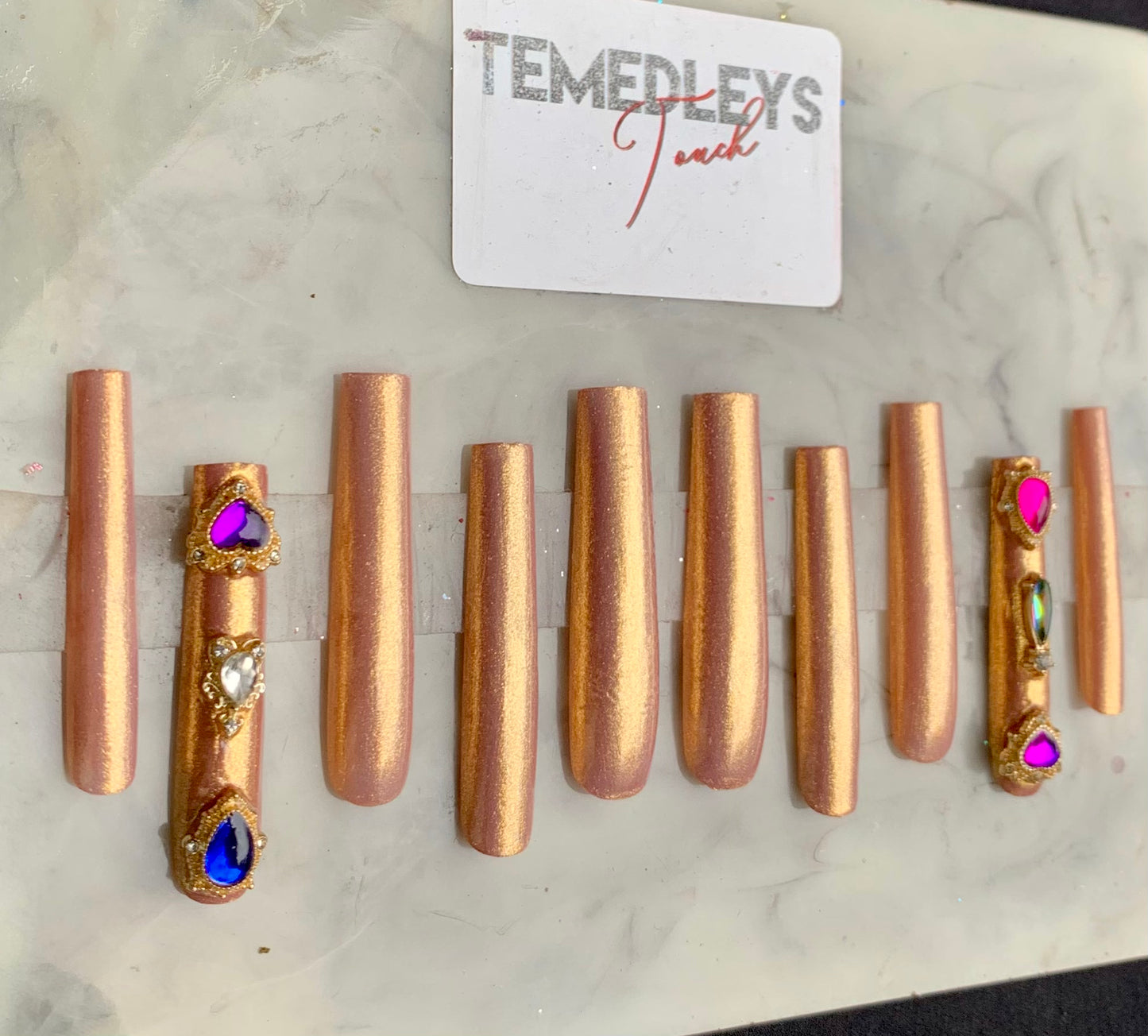 Golden charm press on nails