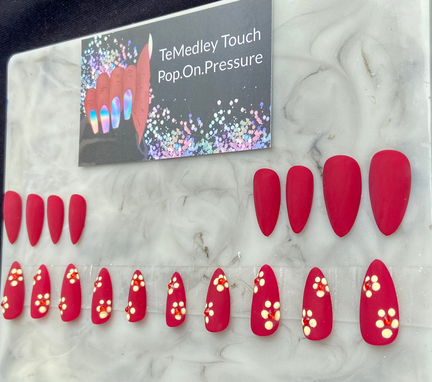Matte Red flower press on nails