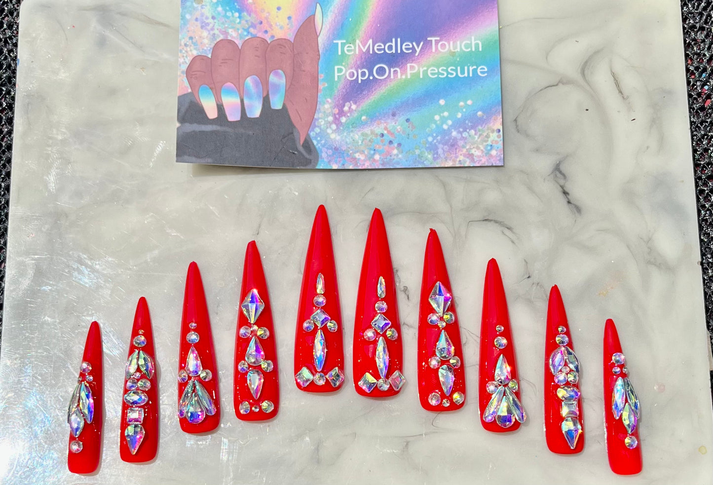 Red crystal stiletto press on nails