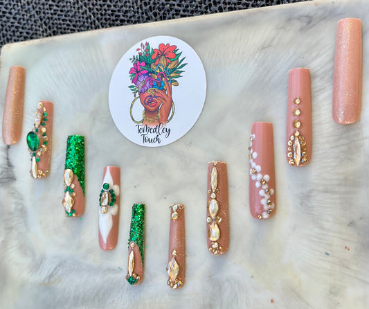 Gold & Green bling press on nails