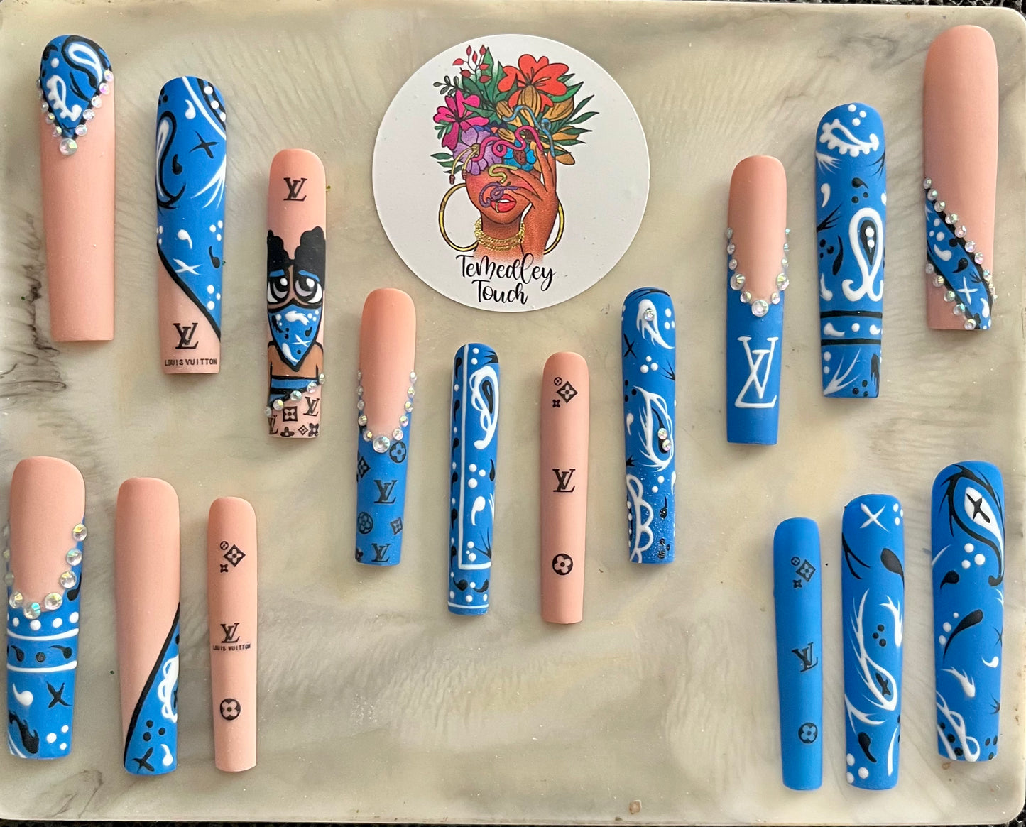 Blue LV bandana press on nails