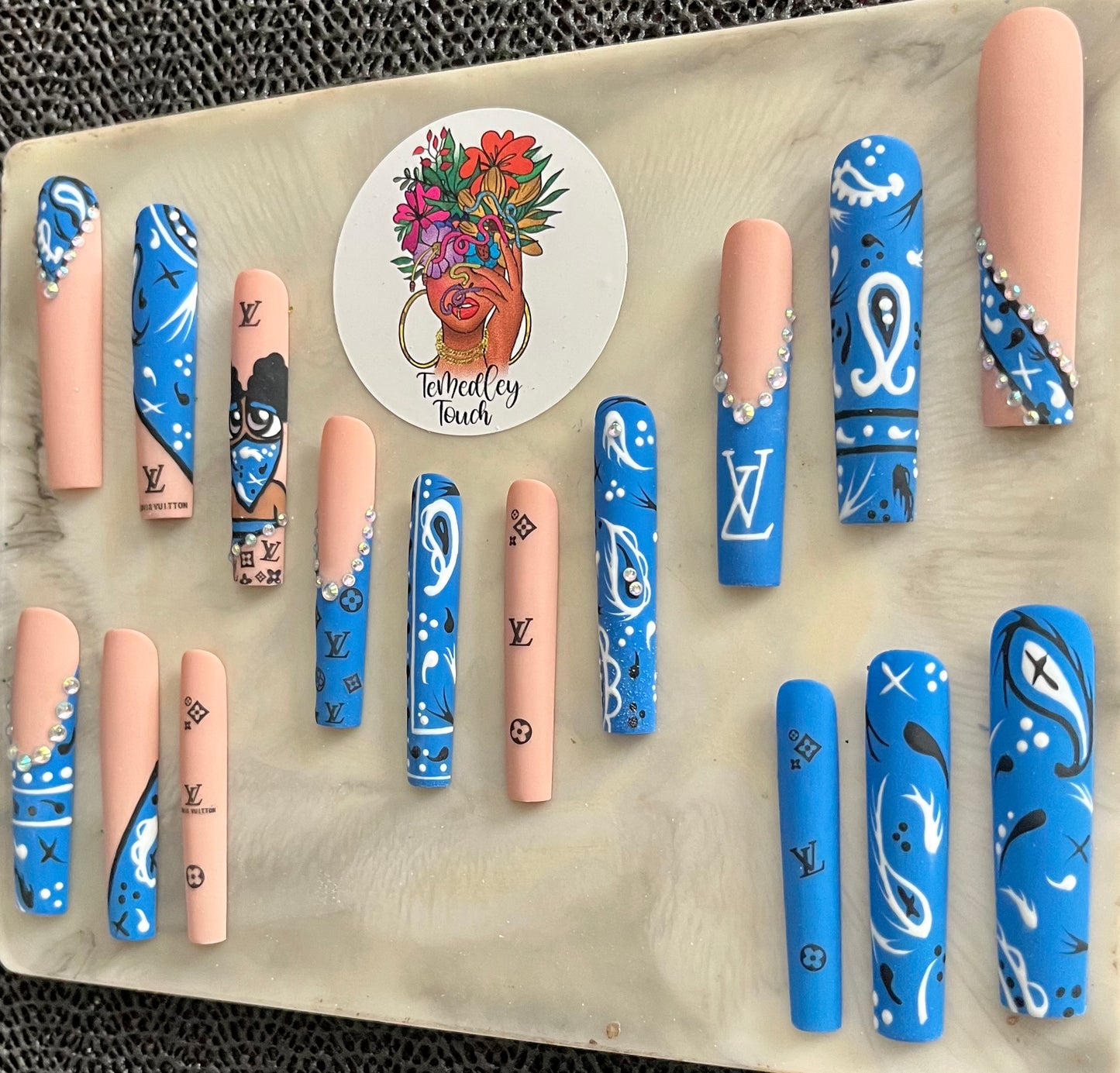 Blue LV bandana press on nails