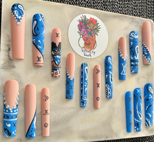 Blue LV bandana press on nails