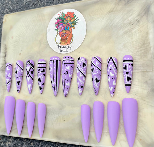 Lavender heart bandana nails