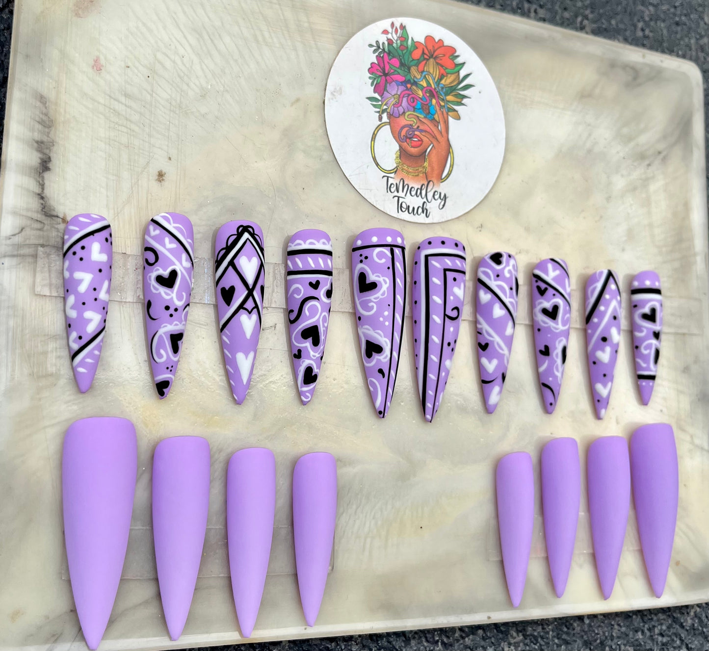 Lavender heart bandana nails