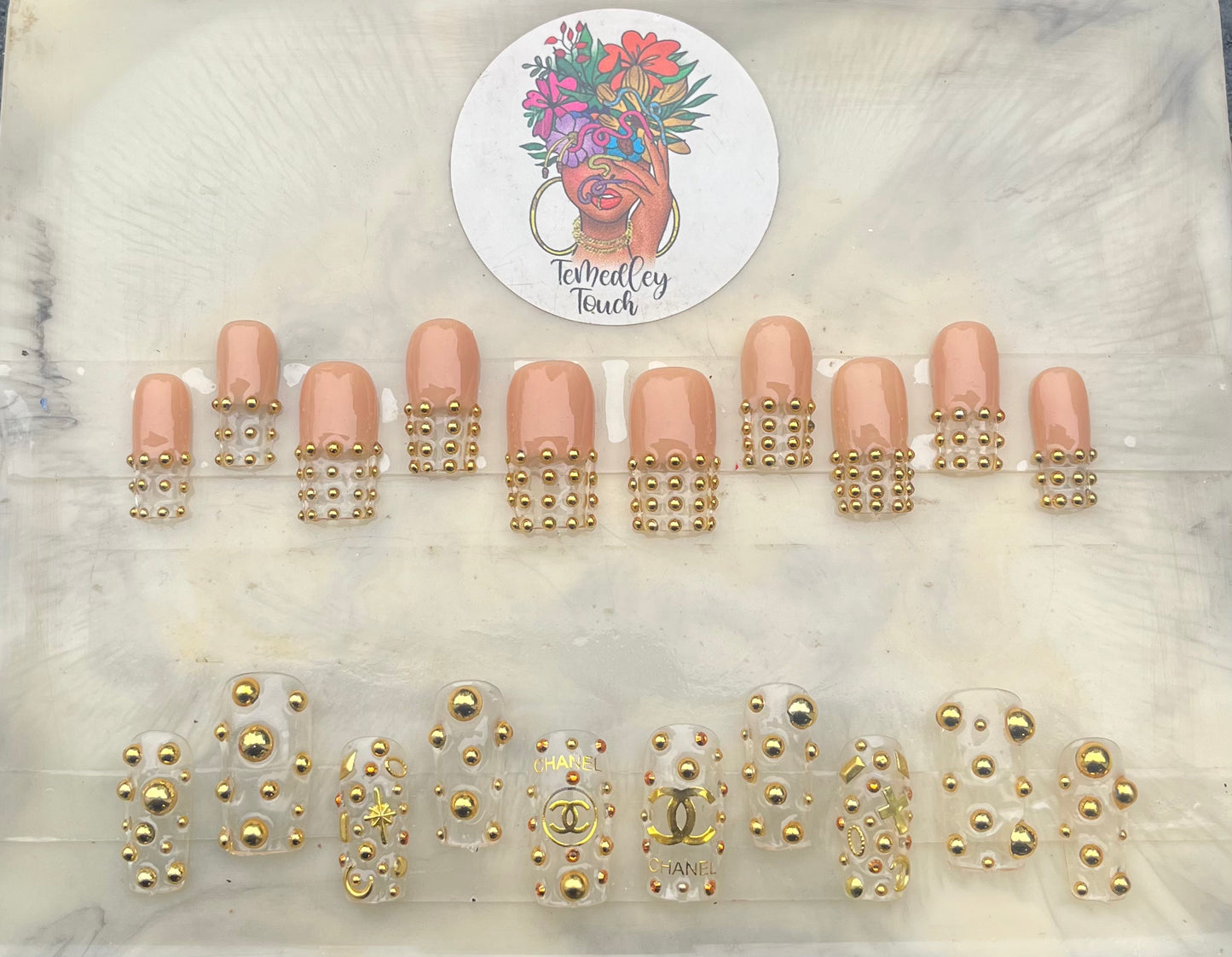 Gold beaded press on nails