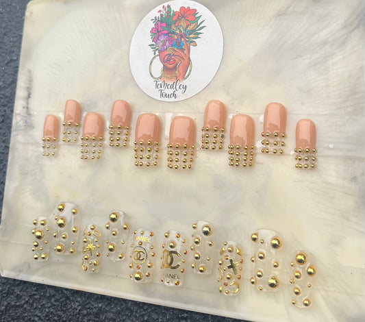 Gold beaded press on nails