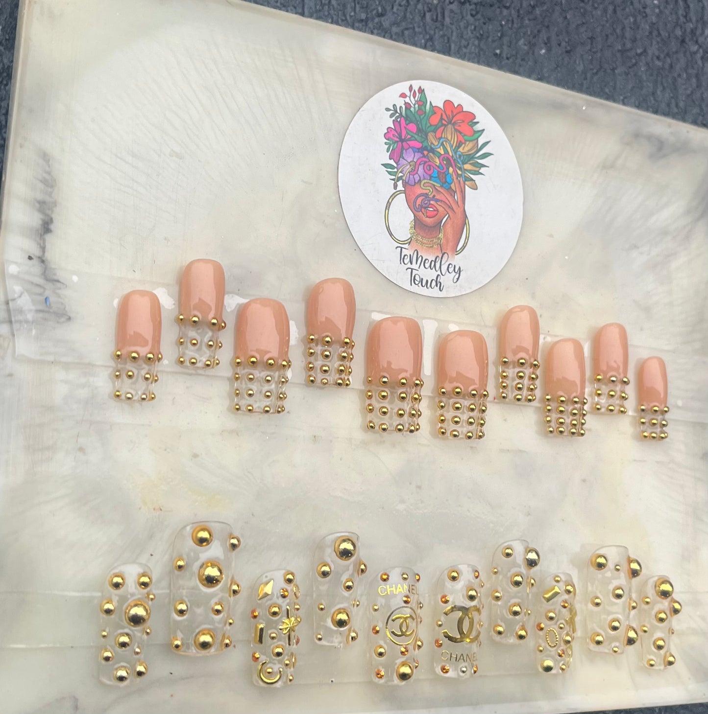 Gold beaded press on nails
