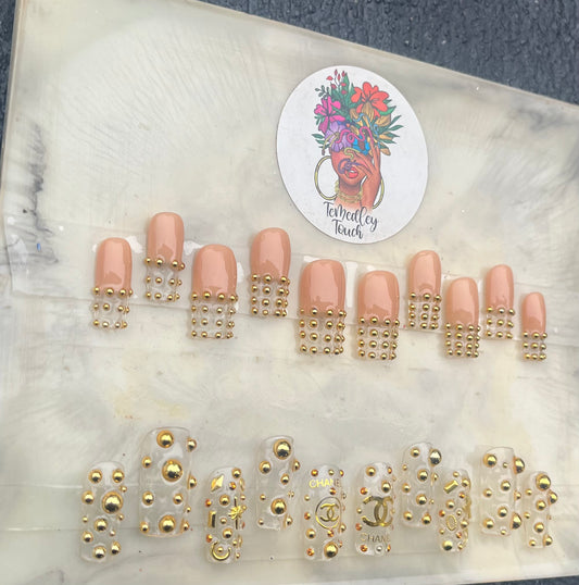 Gold beaded press on nails