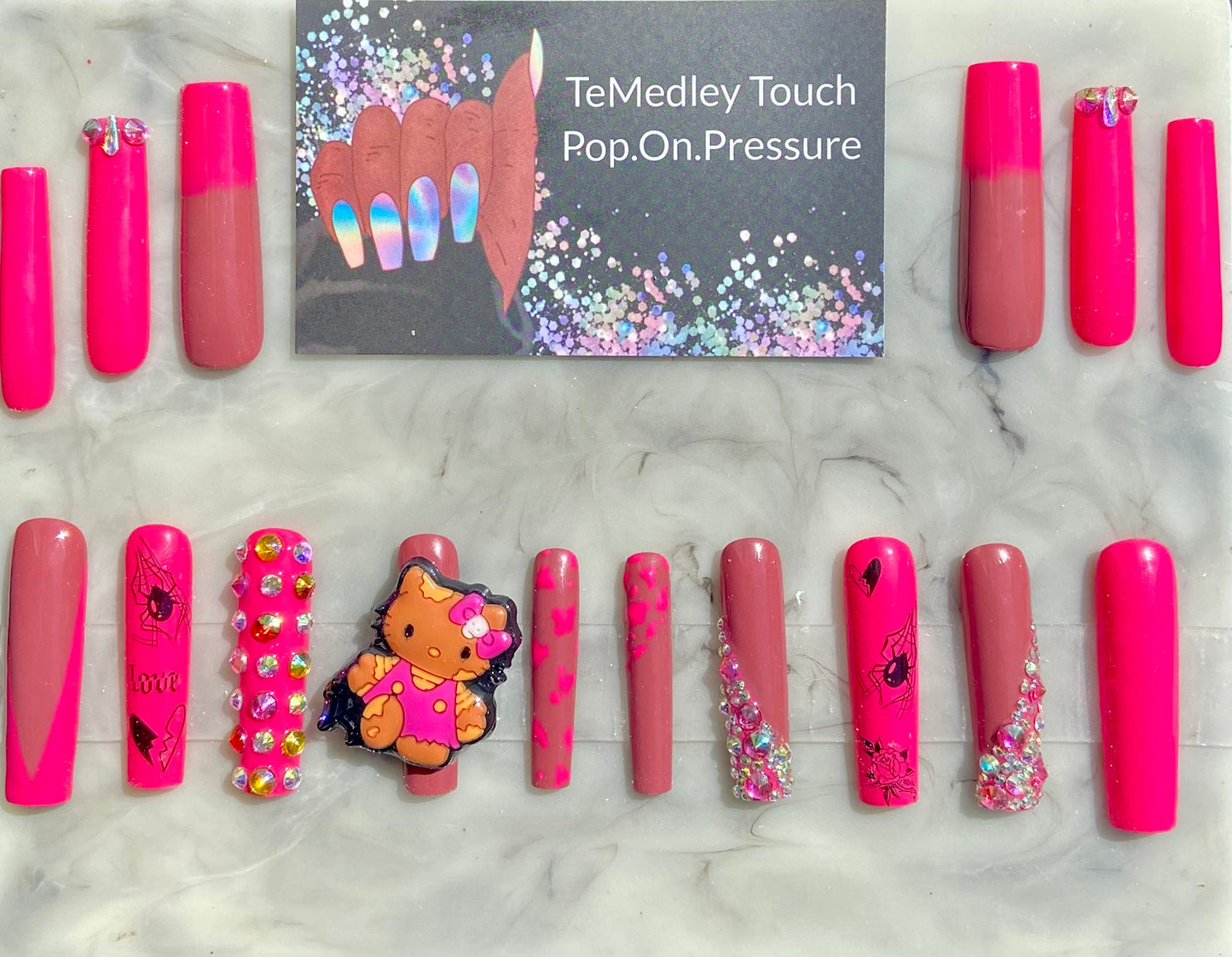 kitty spider pink press on nails