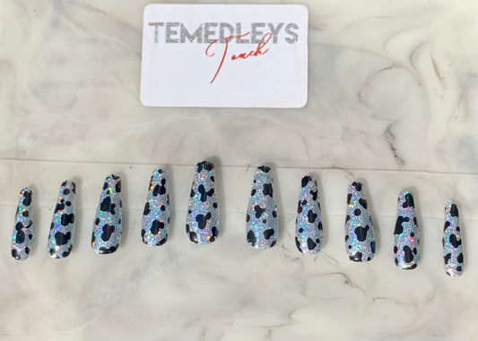 Glitter cow print press on nails