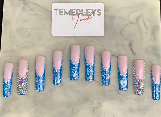 Blue bunny French tip press on nails