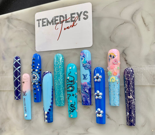 3XL Square Designer Blue press on nails