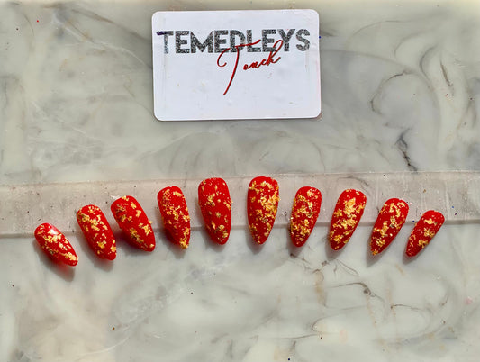 Red golden flake press on nails