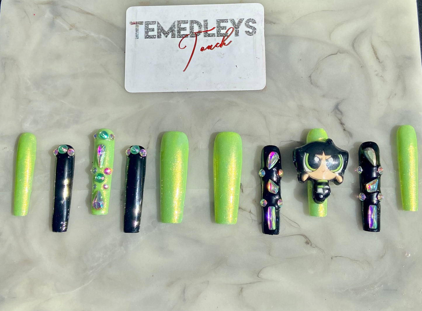 Lime green junk press on nails