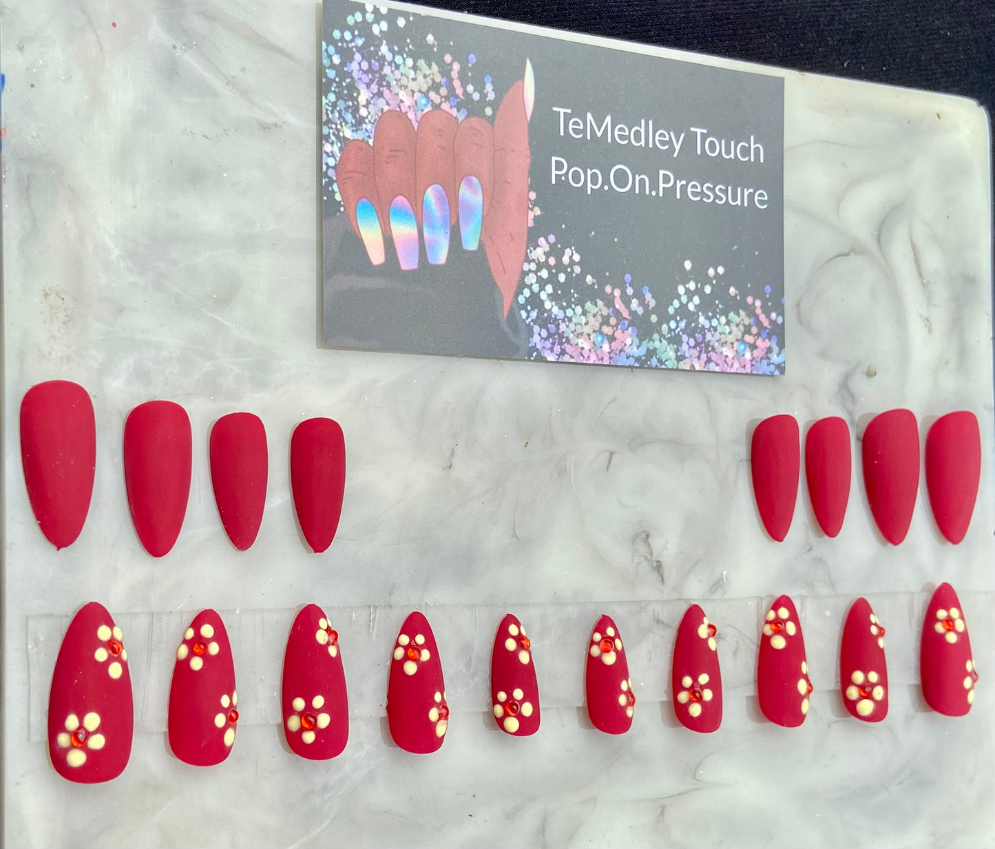 Matte Red flower press on nails