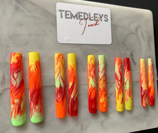 Red/yellow/green Marble Press on nails