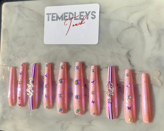 Pink butterfly zodiac press on nails