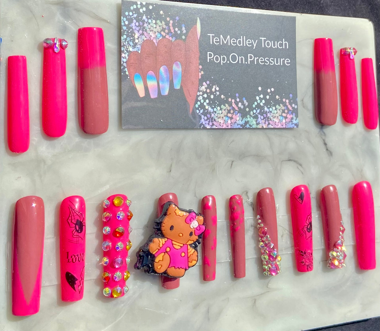 kitty spider pink press on nails