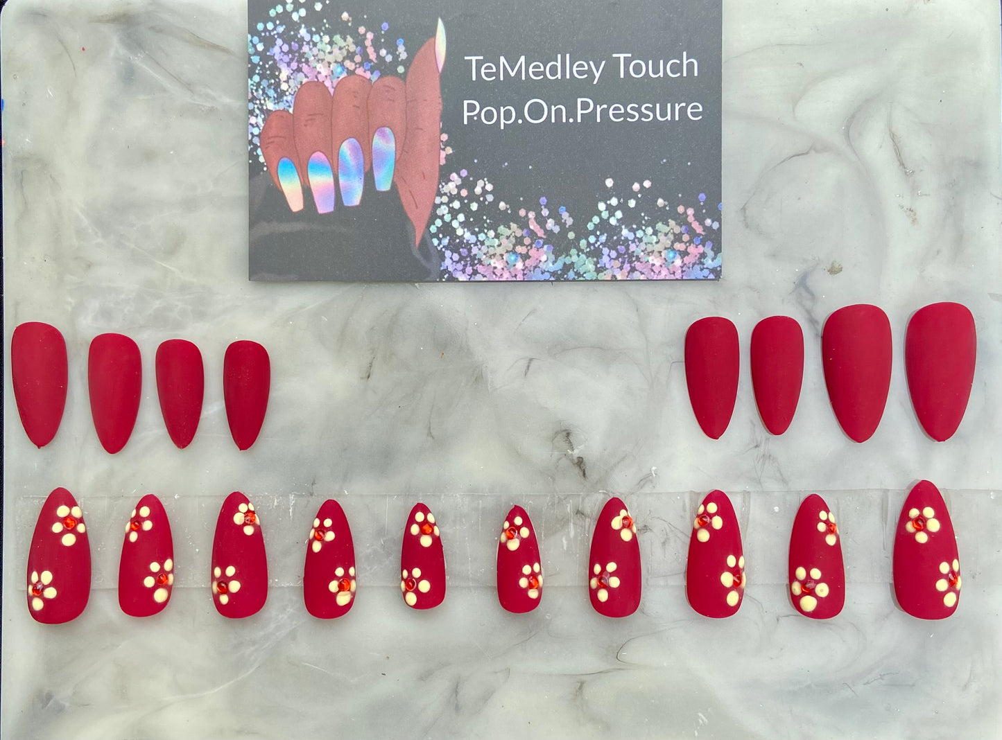 Matte Red flower press on nails